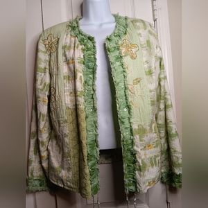 VINTAGE BEADS & SEQUINS YAK MAGIKB OPEN GREEN & YELLOW TONE 2 SLIT POCKETS MED